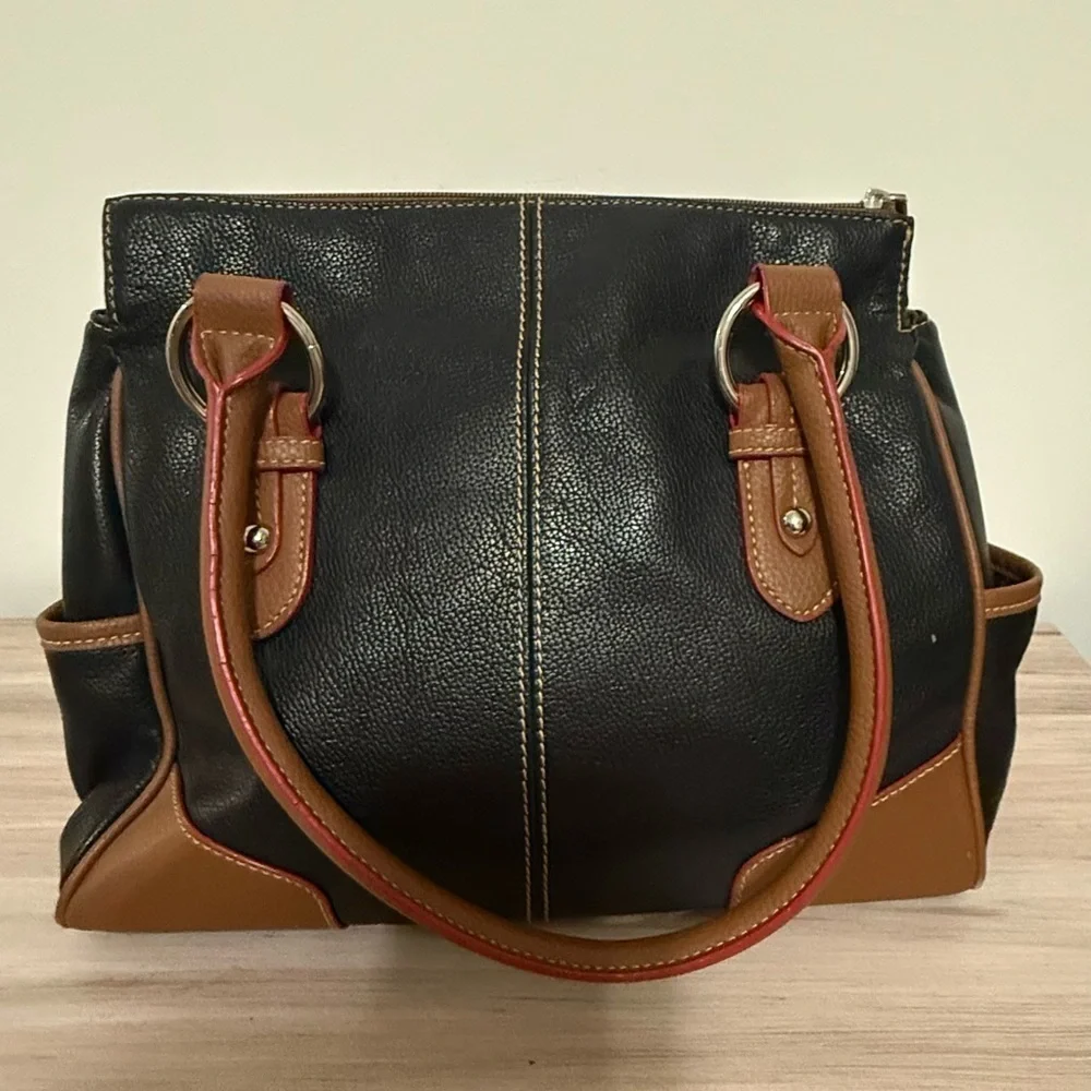 Black Leather Tignanello Purse Brown & Red Trim Silvertone Hardware Handbag